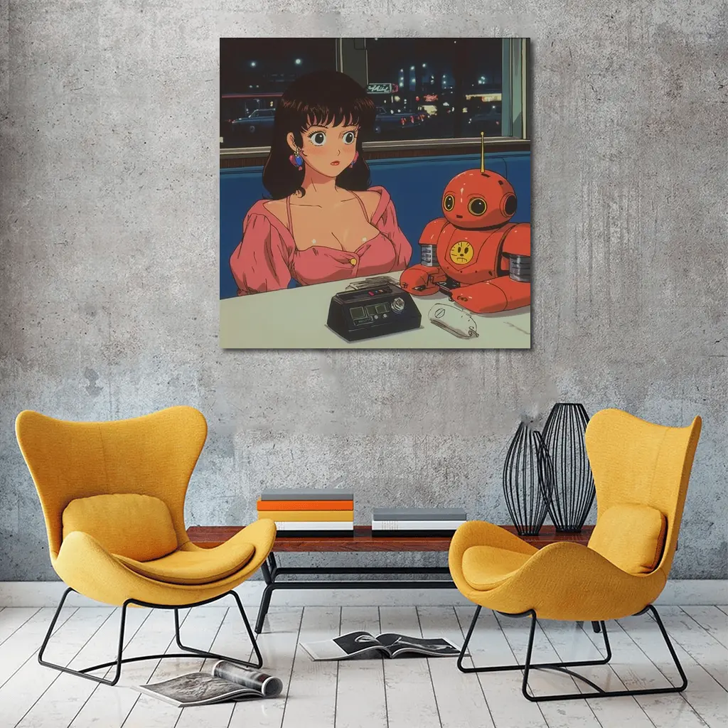 Retro Anime Girl Robot Diner Night Scene – Wall Art