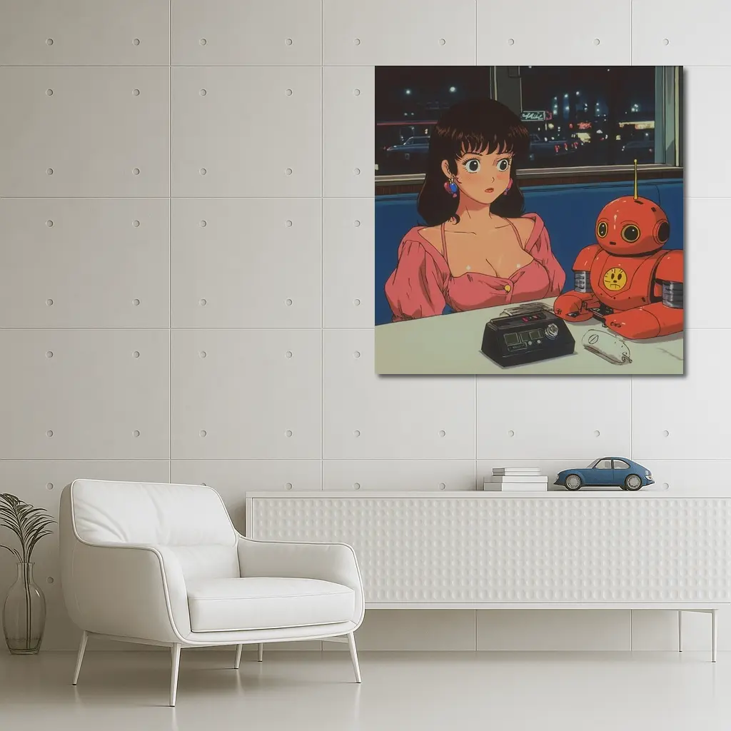 Retro Anime Girl Robot Diner Night Scene – Wall Art