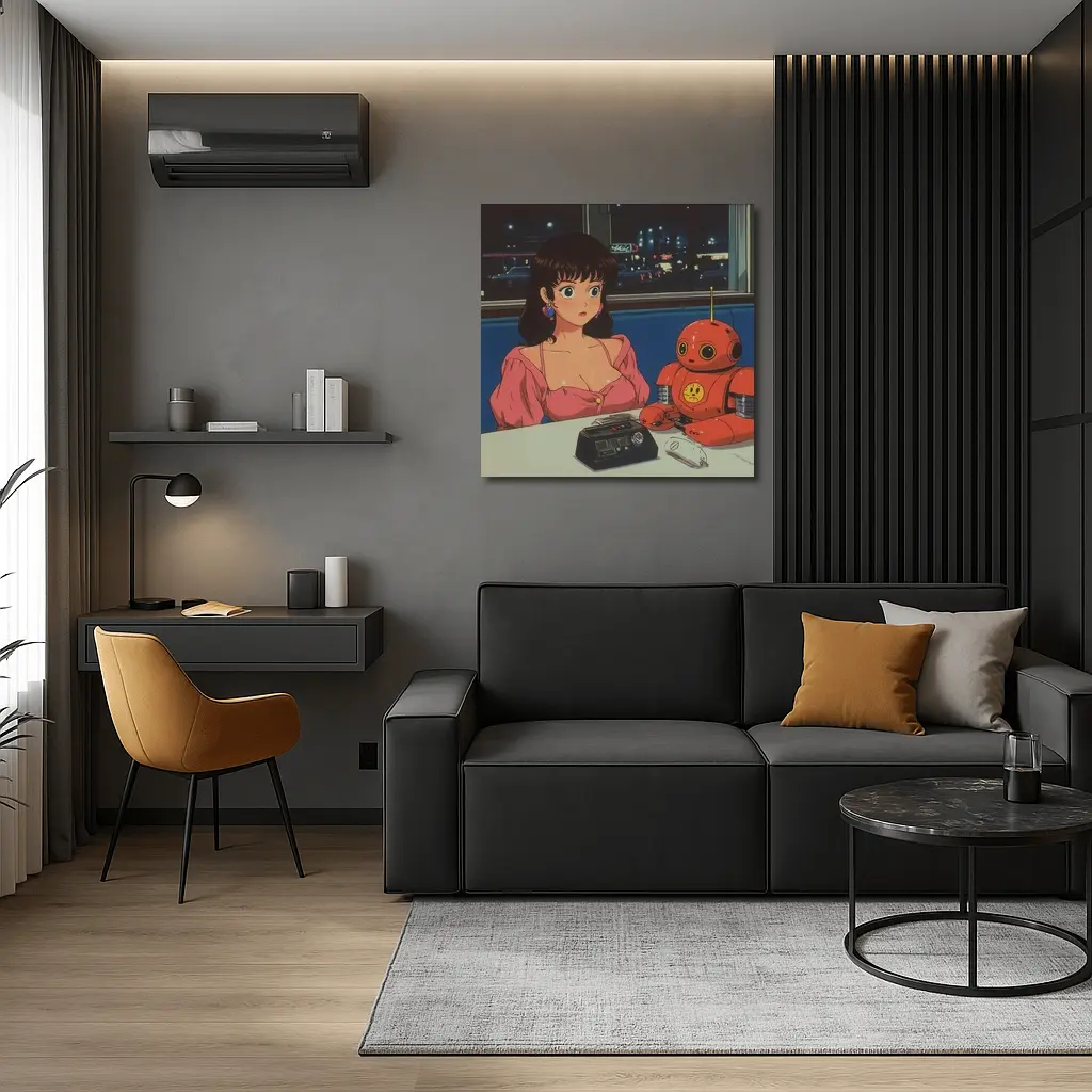 Retro Anime Girl Robot Diner Night Scene – Wall Art