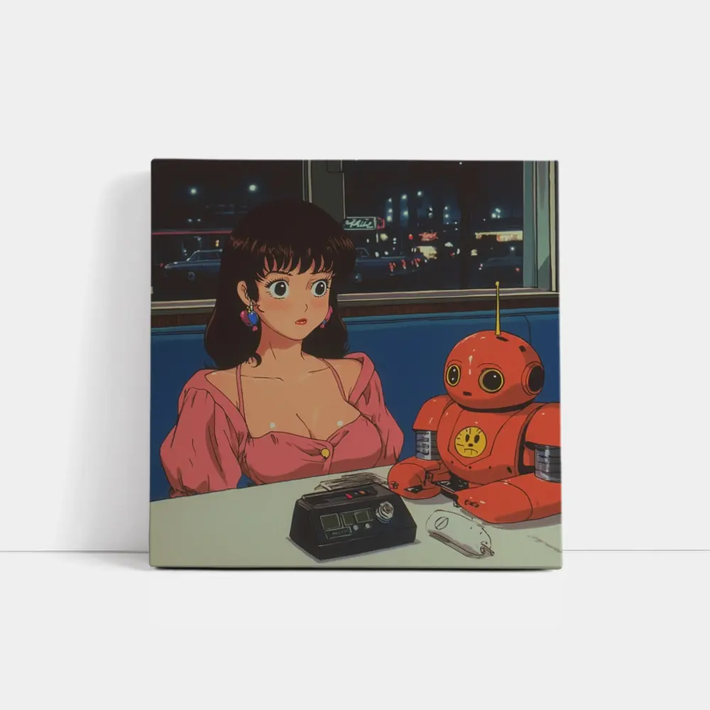 Retro Anime Girl Robot Diner Night Scene – Wall Art