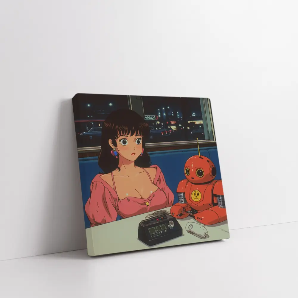 Retro Anime Girl Robot Diner Night Scene – Wall Art
