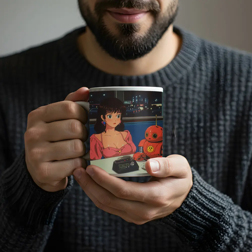 Retro Anime Girl Robot Diner Night Scene – Mugs