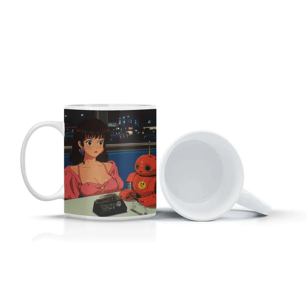 Retro Anime Girl Robot Diner Night Scene – Mugs