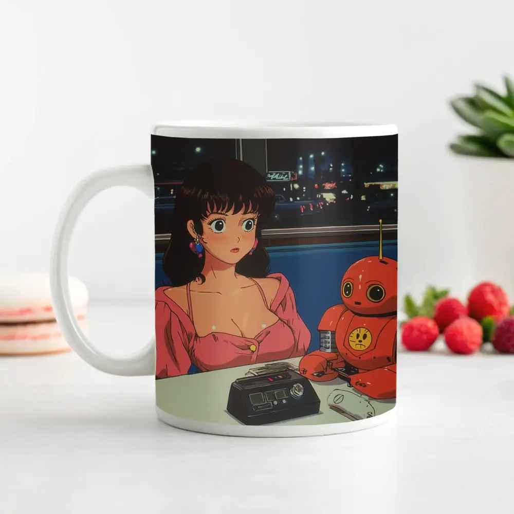 Retro Anime Girl Robot Diner Night Scene – Mugs