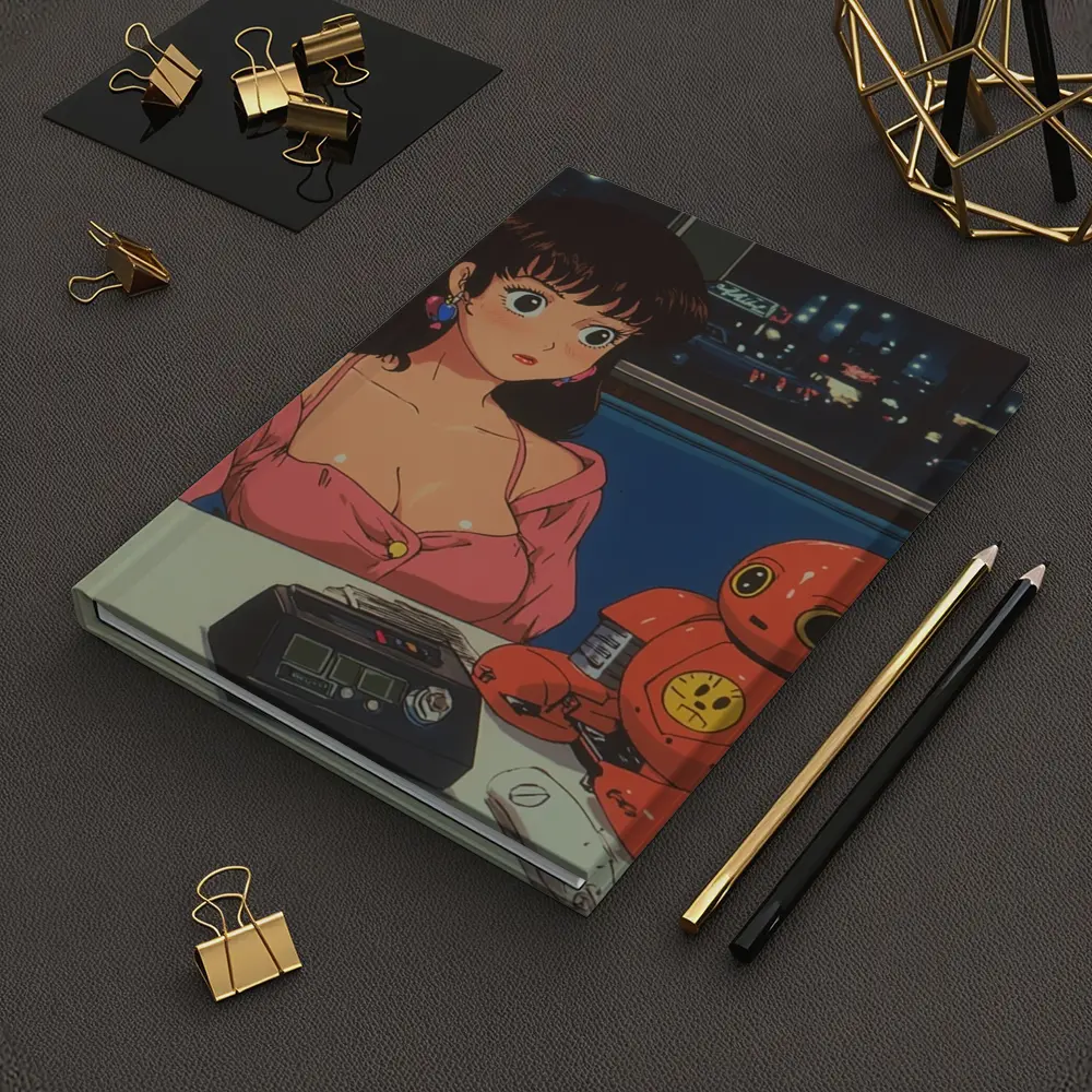 Retro Anime Girl Robot Diner Night Scene – Notebooks