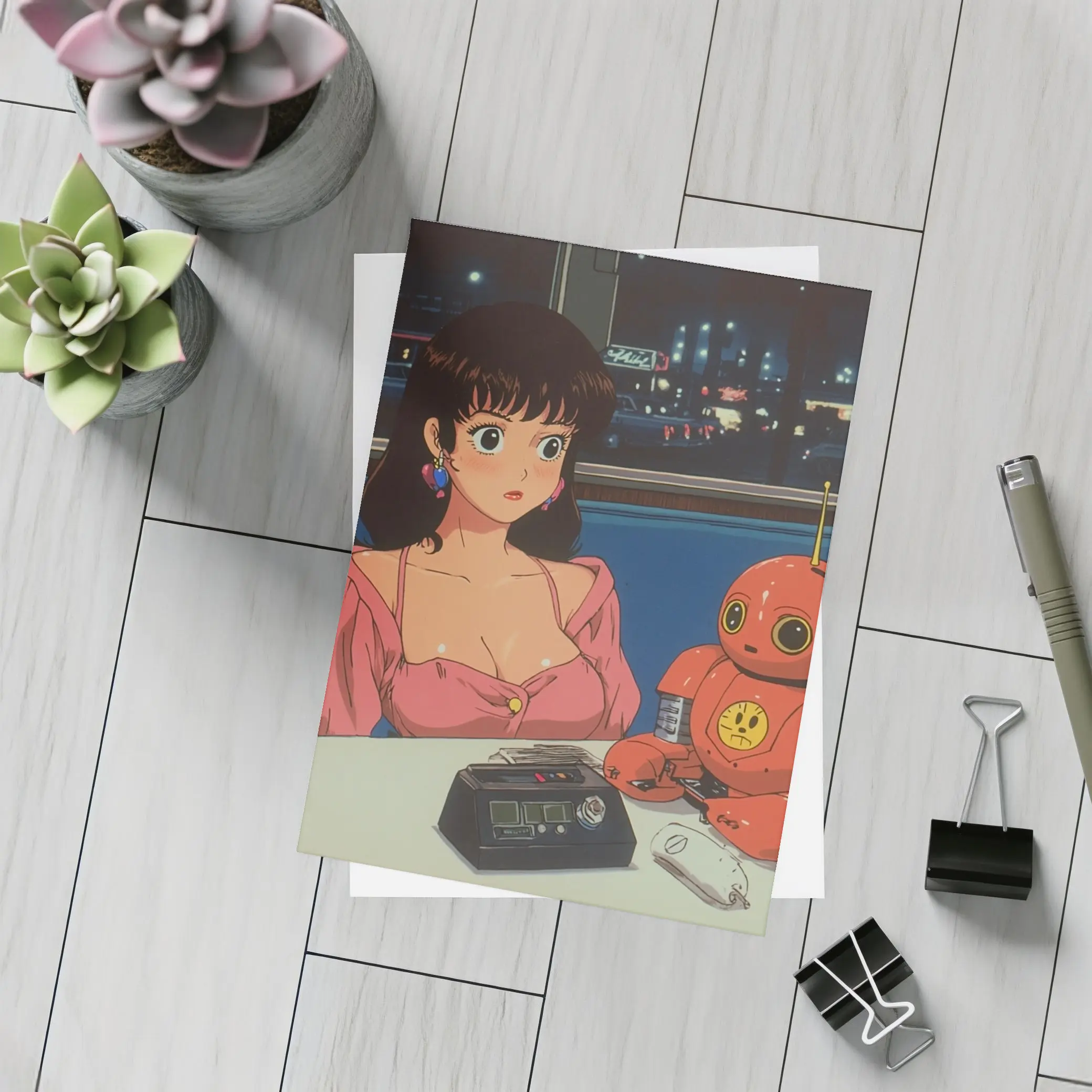 Retro Anime Girl Robot Diner Night Scene – Postcards
