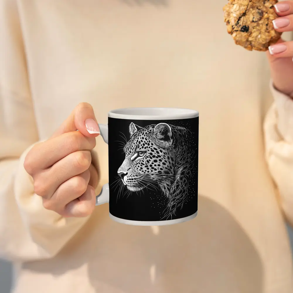 Leopard Portrait Black White Scratchboard Art – Mugs