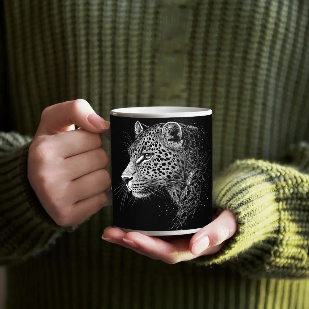 Leopard Portrait Black White Scratchboard Art – Mugs