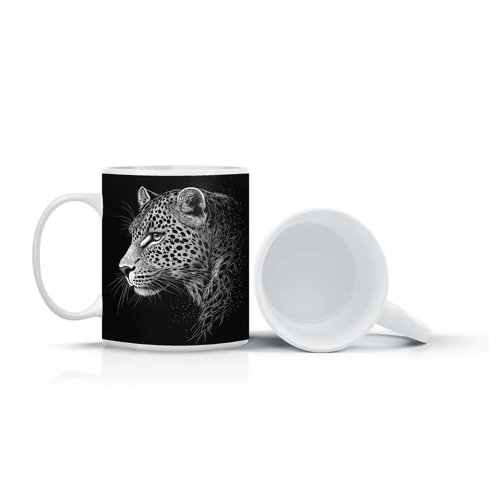 Leopard Portrait Black White Scratchboard Art – Mugs