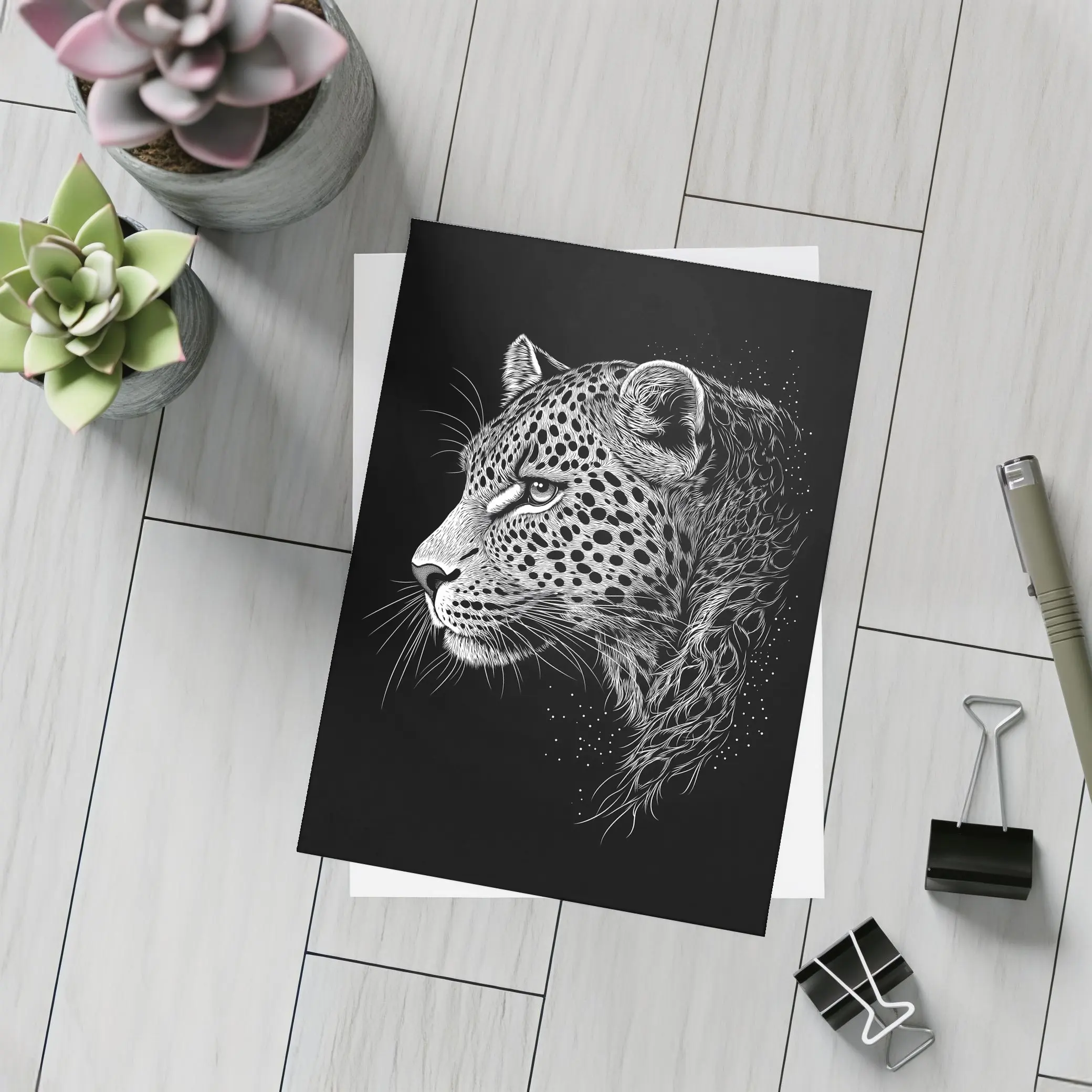 Leopard Portrait Black White Scratchboard Art – Postcards