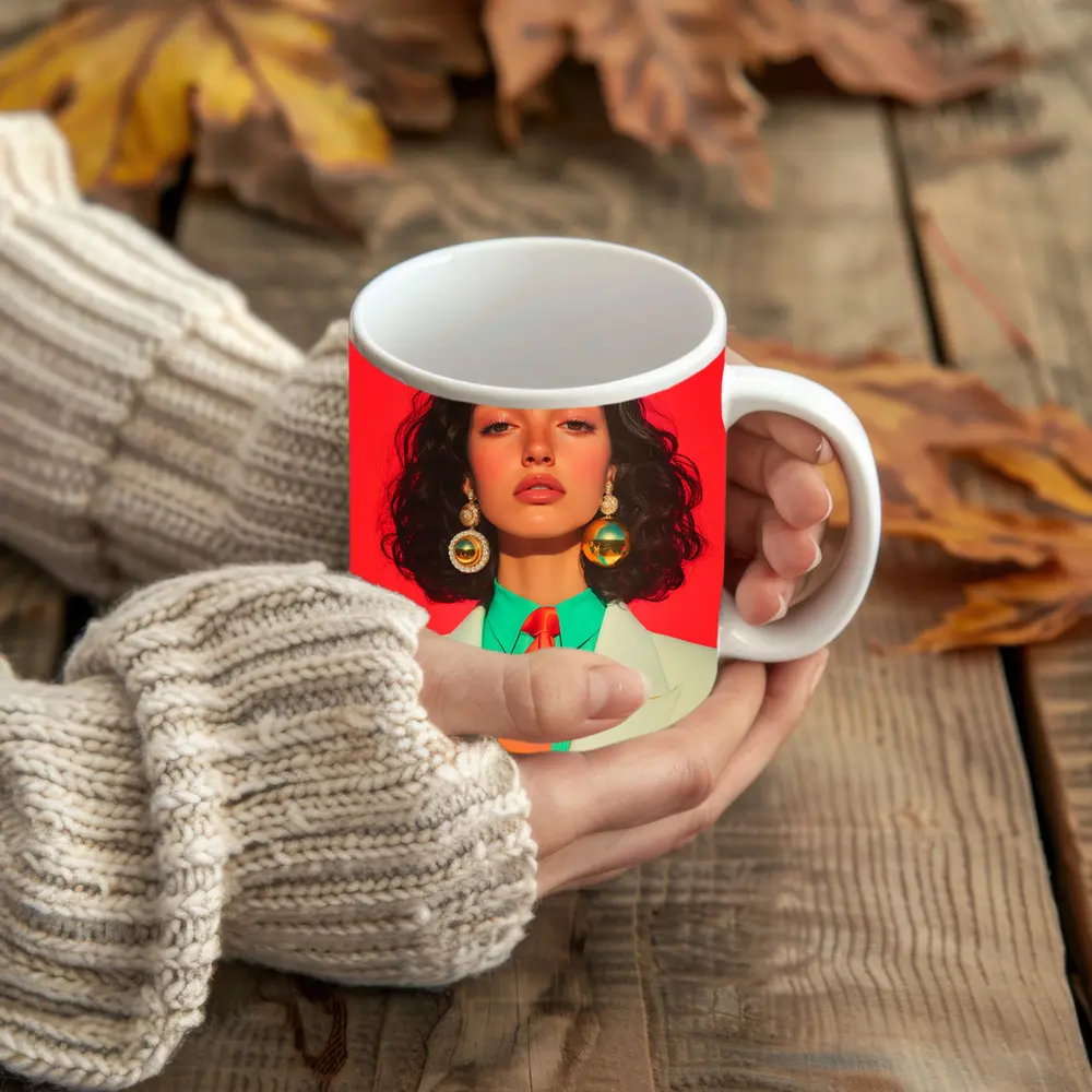 Retro Fashion Woman Bold Red Background – Mugs