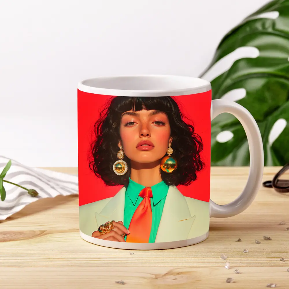 Retro Fashion Woman Bold Red Background – Mugs
