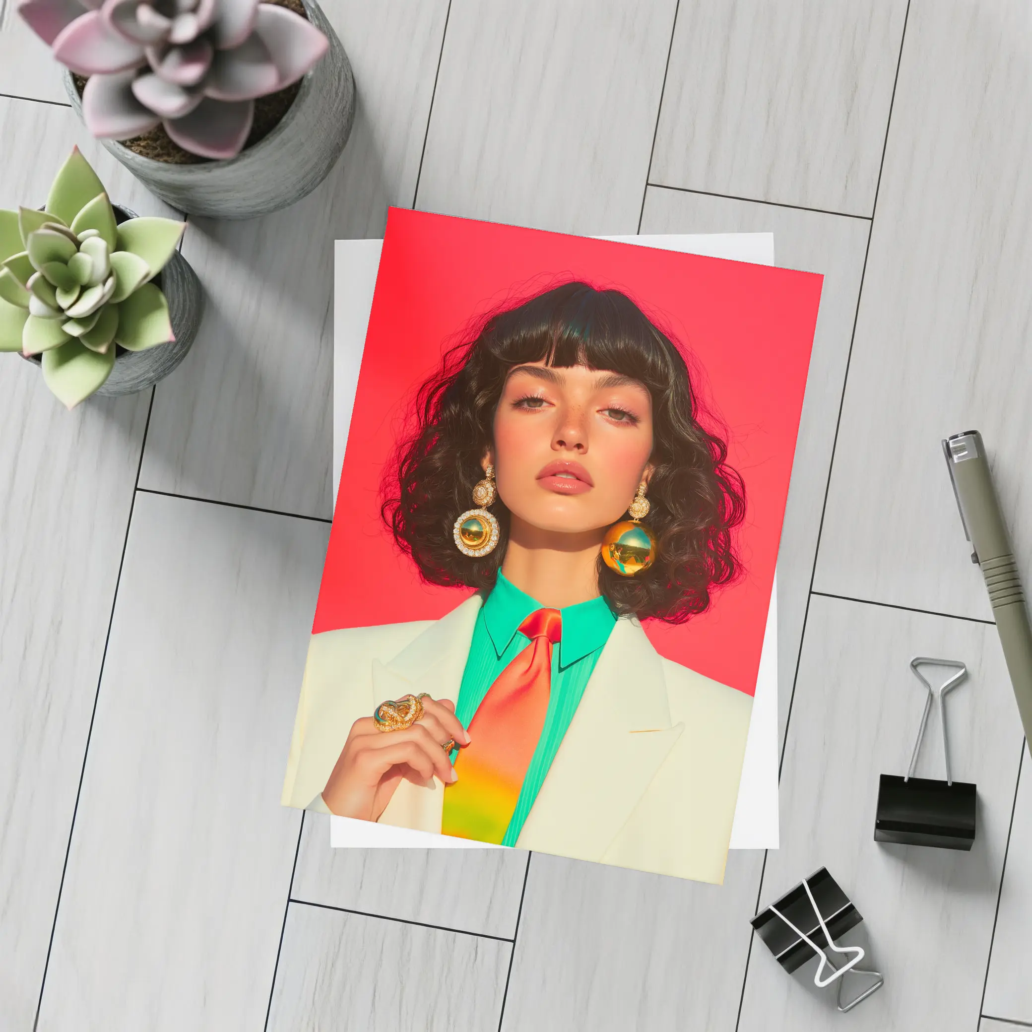 Retro Fashion Woman Bold Red Background – Postcards