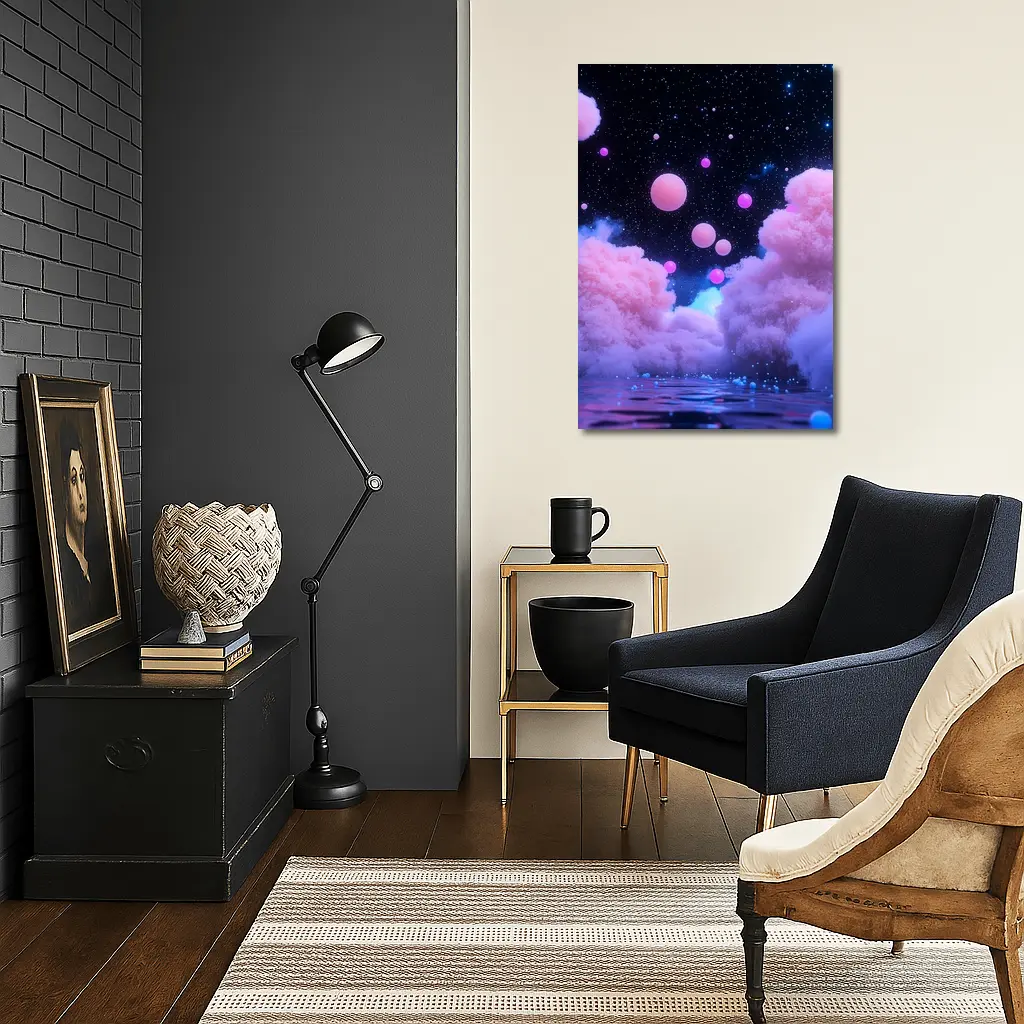 Pink Clouds Floating Spheres Starry Night Sky – Wall Art