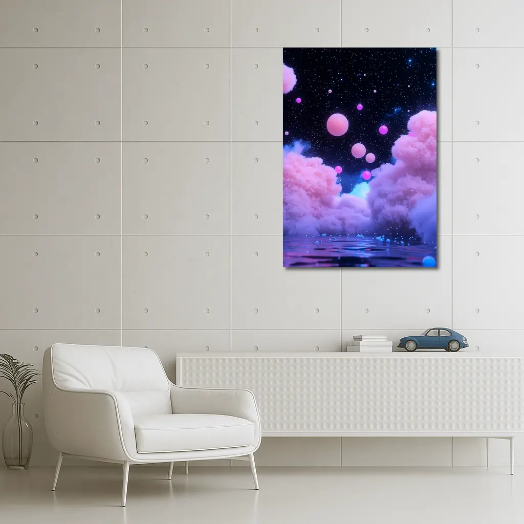 Pink Clouds Floating Spheres Starry Night Sky – Wall Art