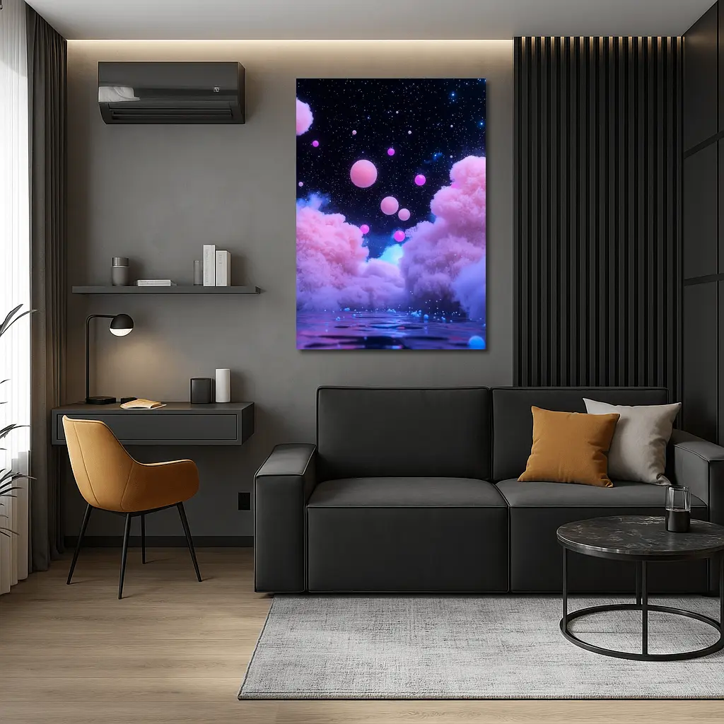 Pink Clouds Floating Spheres Starry Night Sky – Wall Art