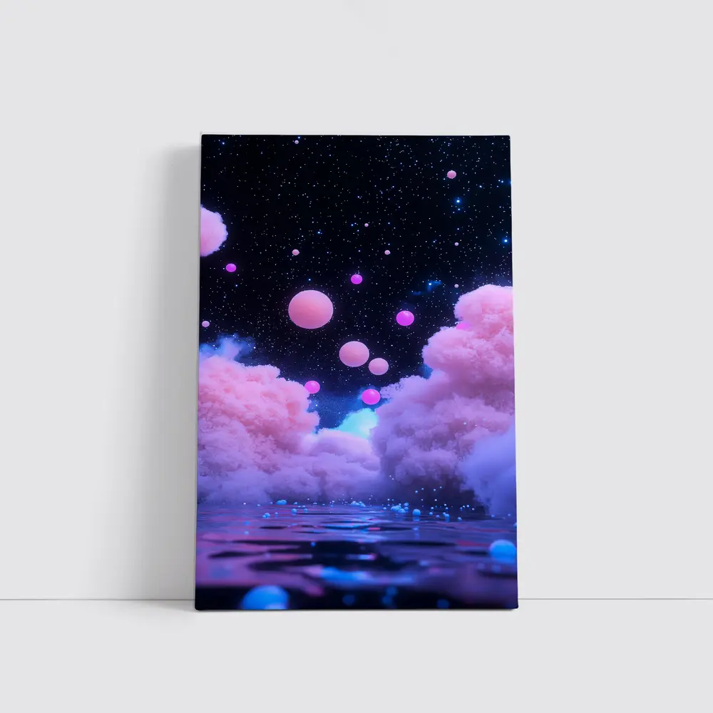 Pink Clouds Floating Spheres Starry Night Sky – Wall Art