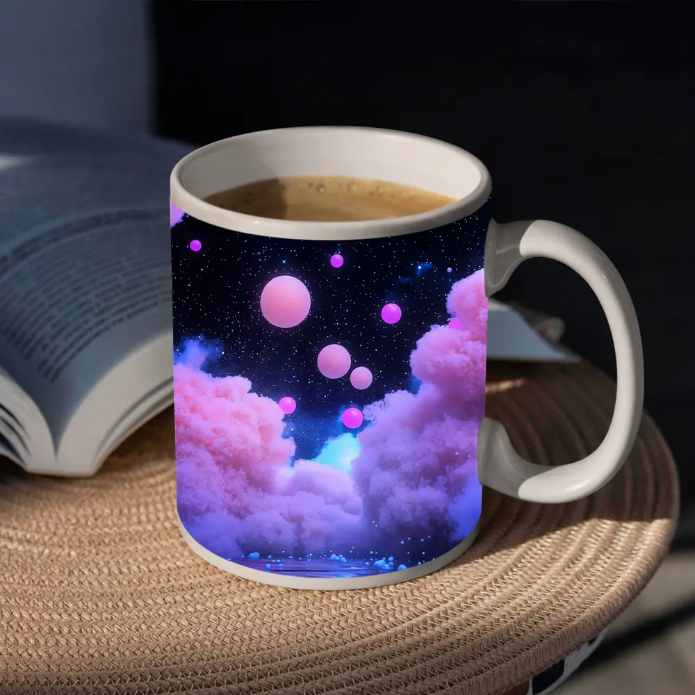Pink Clouds Floating Spheres Starry Night Sky – Mugs