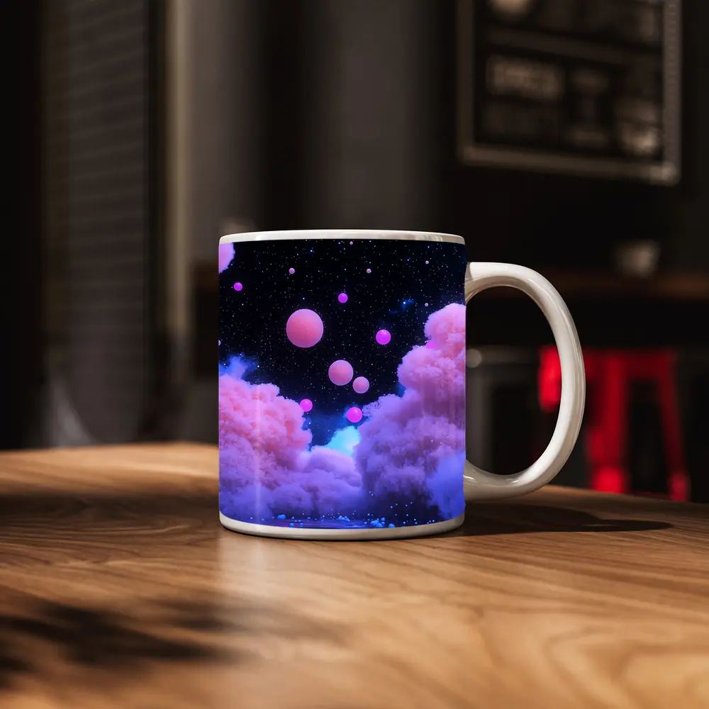 Pink Clouds Floating Spheres Starry Night Sky – Mugs