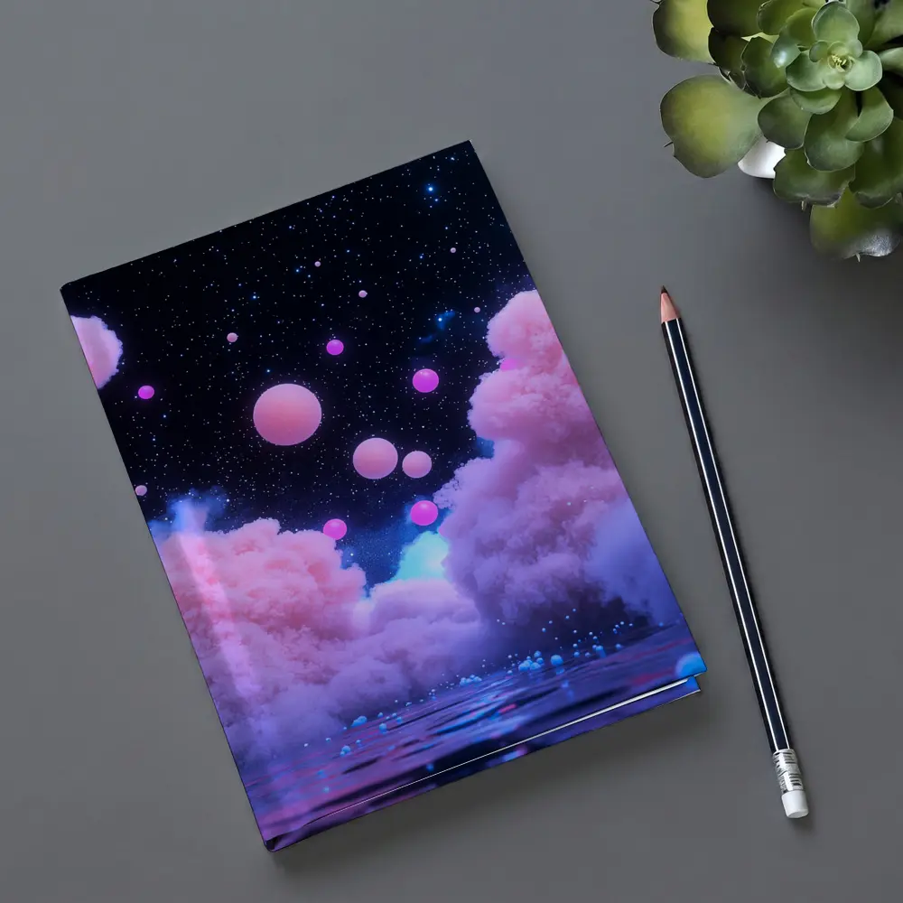 Pink Clouds Floating Spheres Starry Night Sky – Notebooks