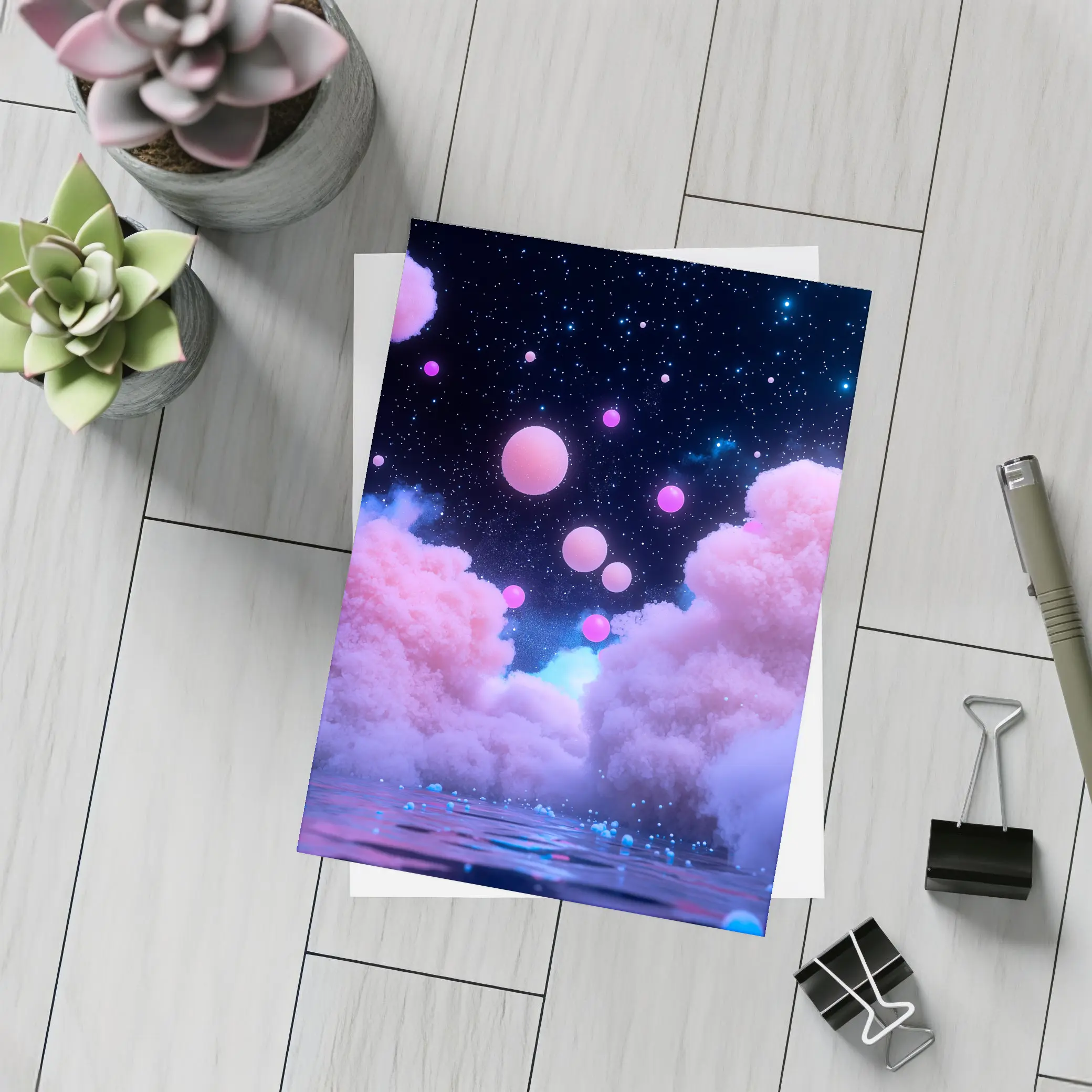 Pink Clouds Floating Spheres Starry Night Sky – Postcards