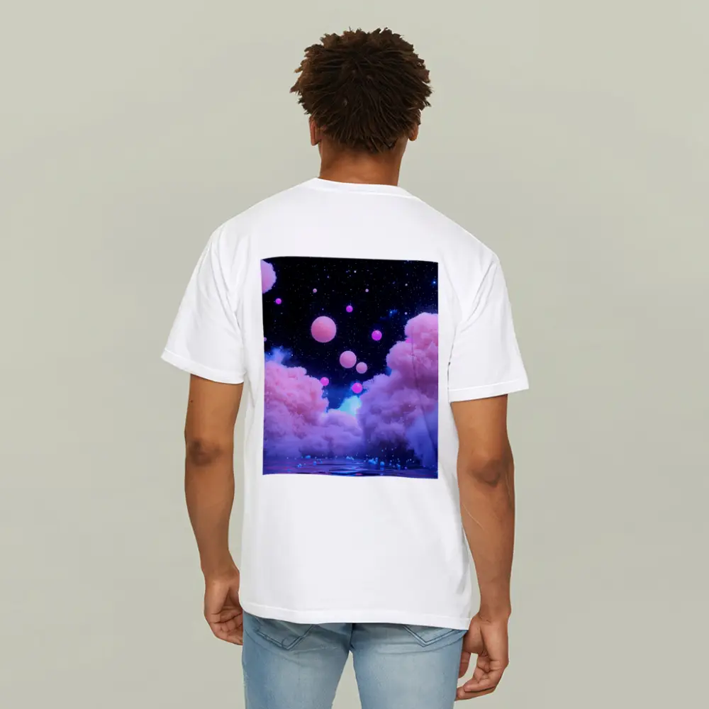 Pink Clouds Floating Spheres Starry Night Sky – T-Shirts