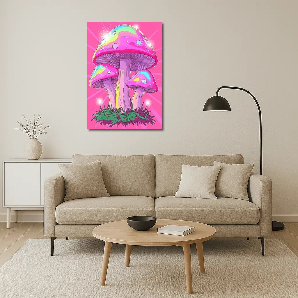 Trippy Rainbow Mushrooms Pink Glowing Background – Wall Art