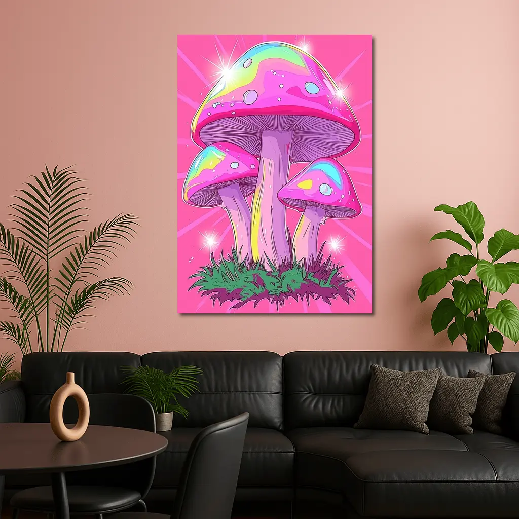 Trippy Rainbow Mushrooms Pink Glowing Background – Wall Art