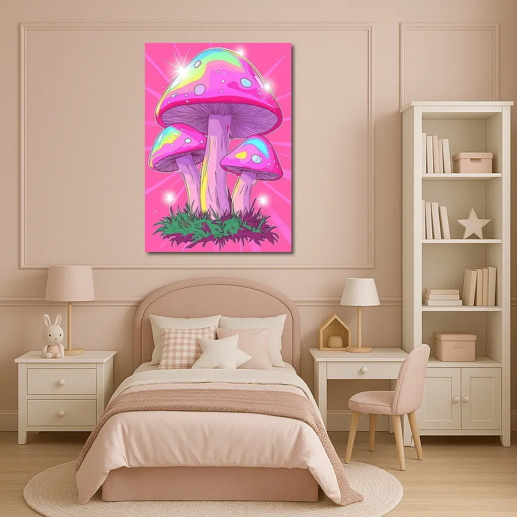 Trippy Rainbow Mushrooms Pink Glowing Background – Wall Art