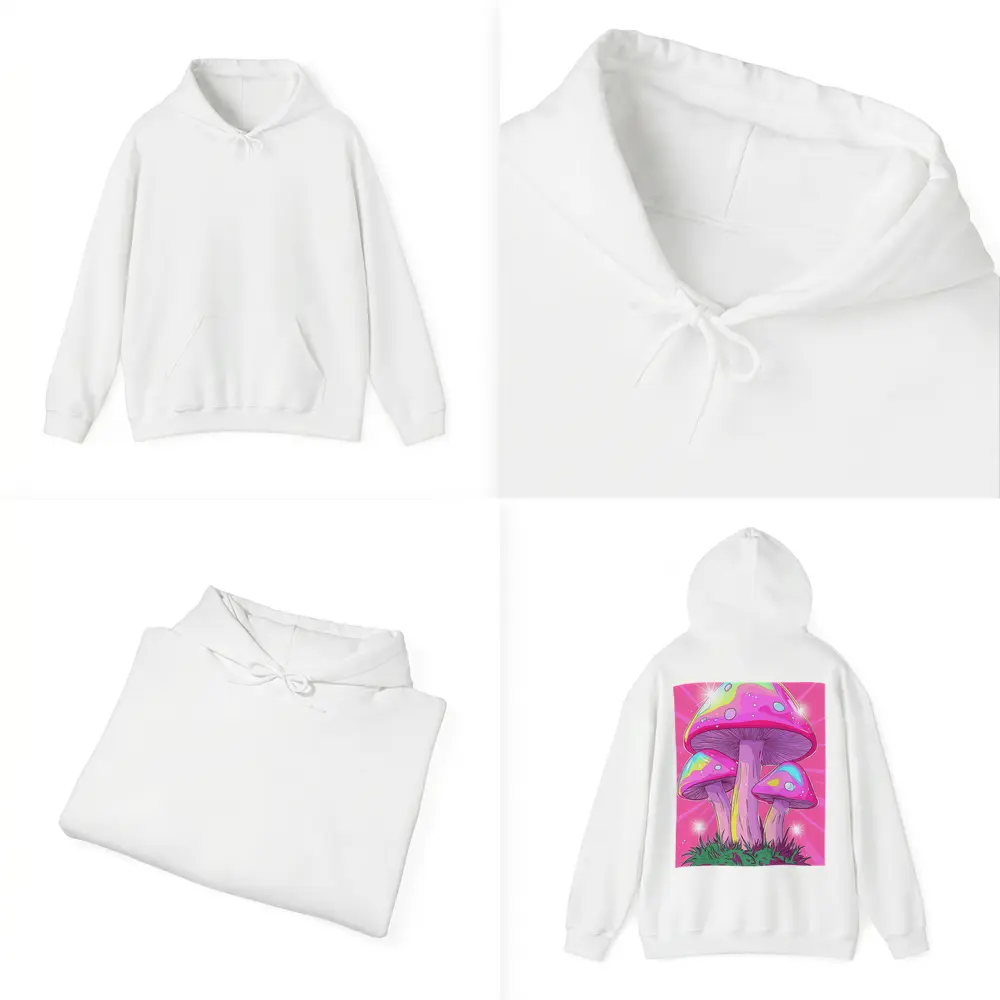 Trippy Rainbow Mushrooms Pink Glowing Background – Hoodies