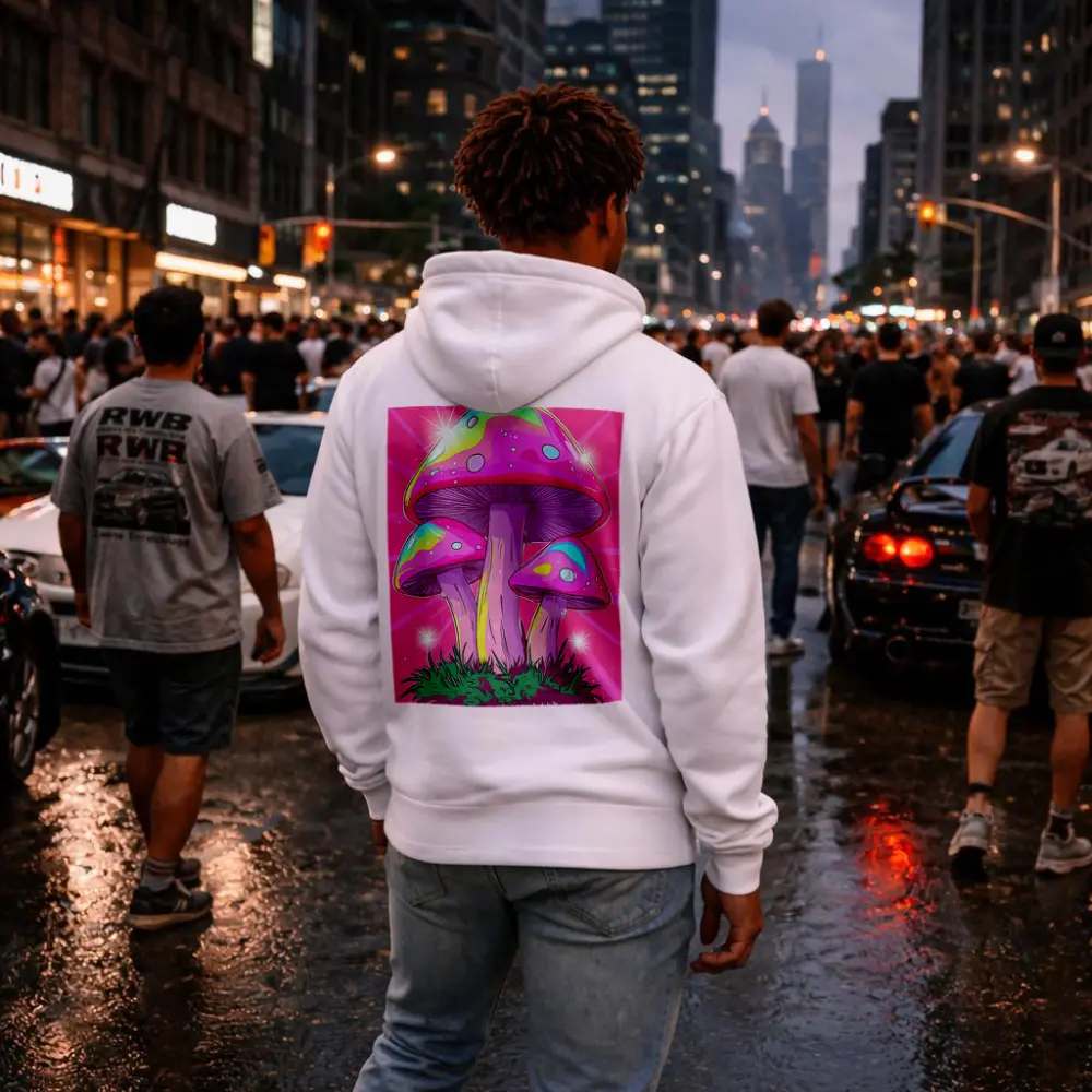 Trippy Rainbow Mushrooms Pink Glowing Background – Hoodies