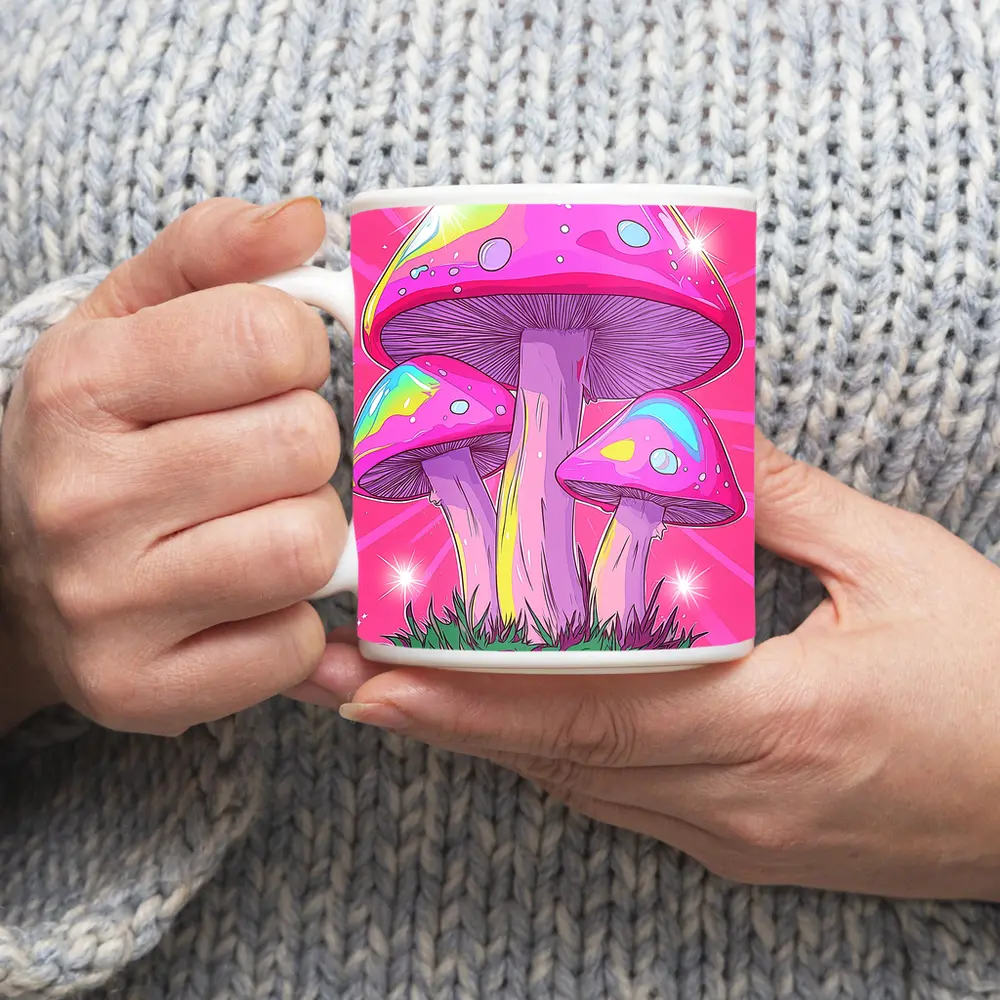 Trippy Rainbow Mushrooms Pink Glowing Background – Mugs