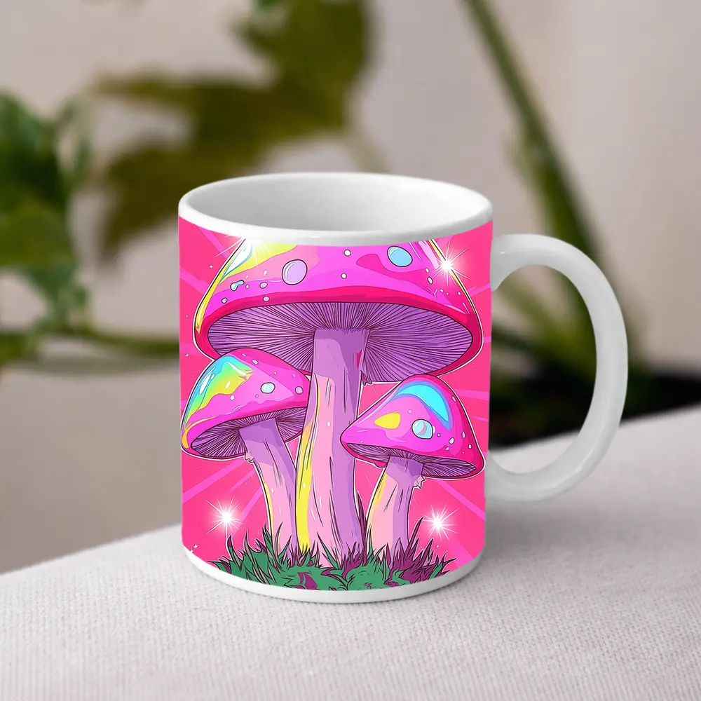 Trippy Rainbow Mushrooms Pink Glowing Background – Mugs