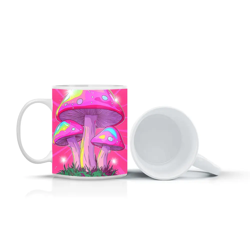 Trippy Rainbow Mushrooms Pink Glowing Background – Mugs