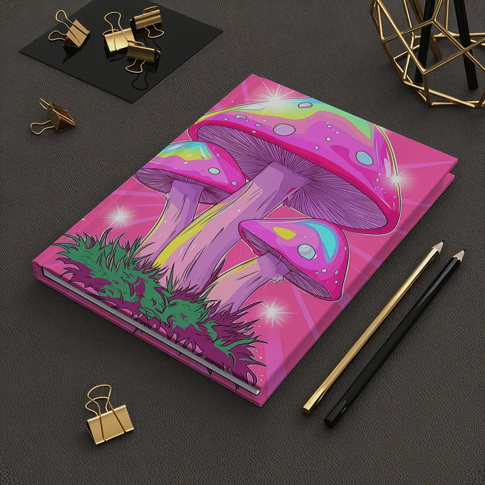 Trippy Rainbow Mushrooms Pink Glowing Background – Notebooks