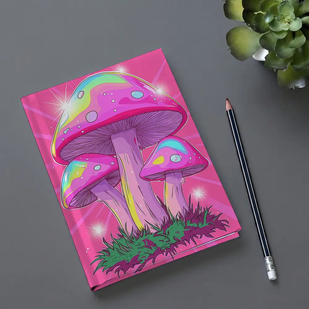 Trippy Rainbow Mushrooms Pink Glowing Background – Notebooks