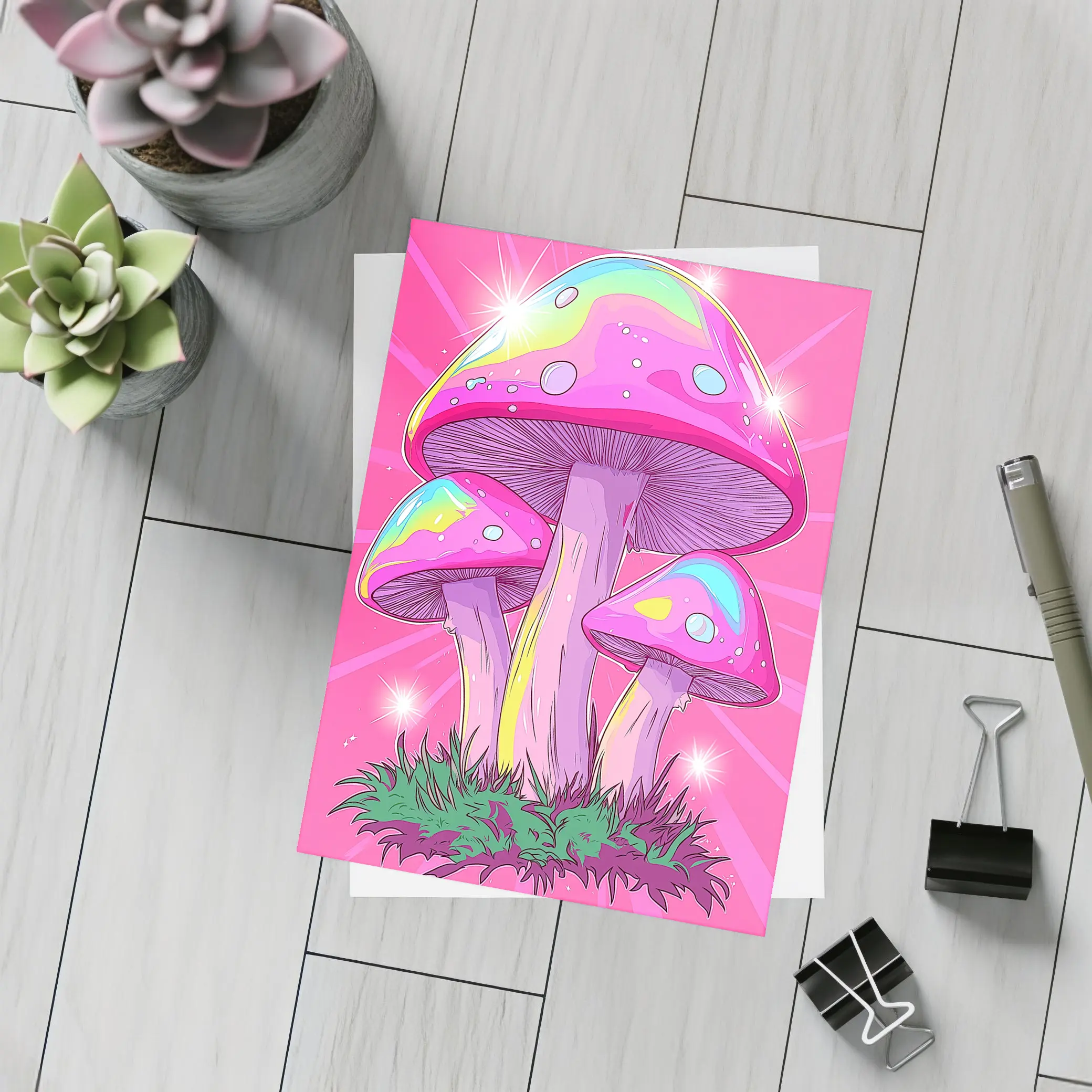 Trippy Rainbow Mushrooms Pink Glowing Background – Postcards