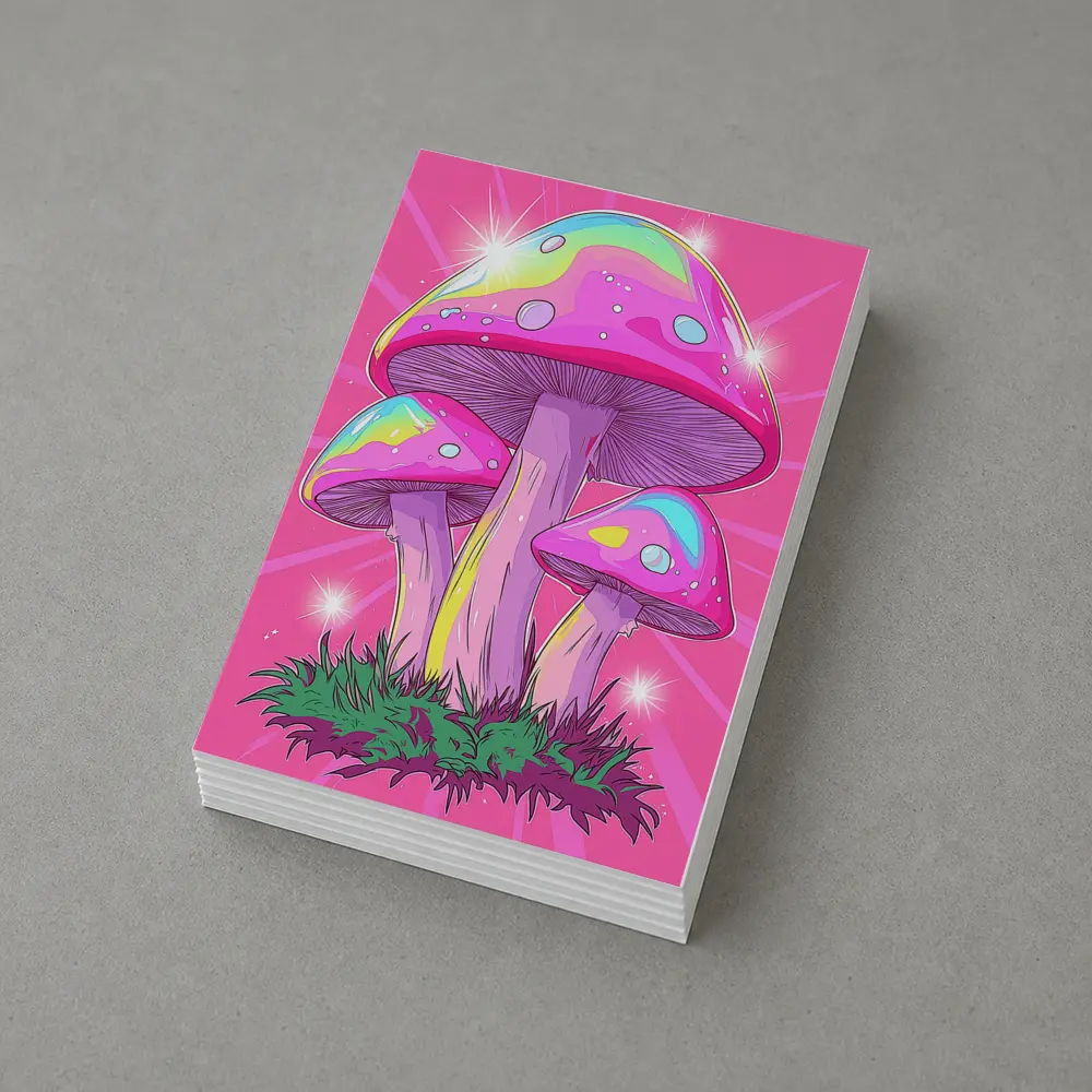 Trippy Rainbow Mushrooms Pink Glowing Background – Postcards