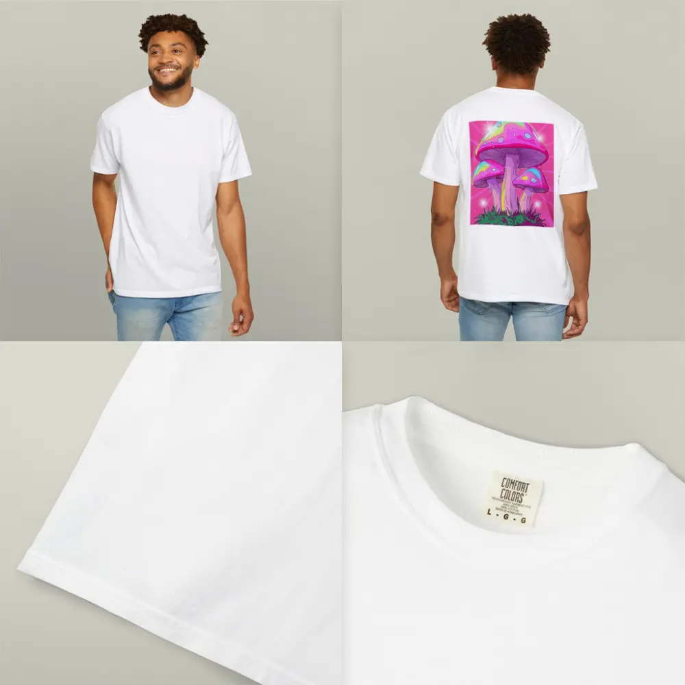 Trippy Rainbow Mushrooms Pink Glowing Background – T-Shirts