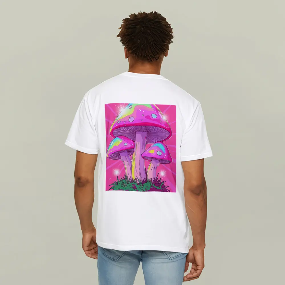 Trippy Rainbow Mushrooms Pink Glowing Background – T-Shirts