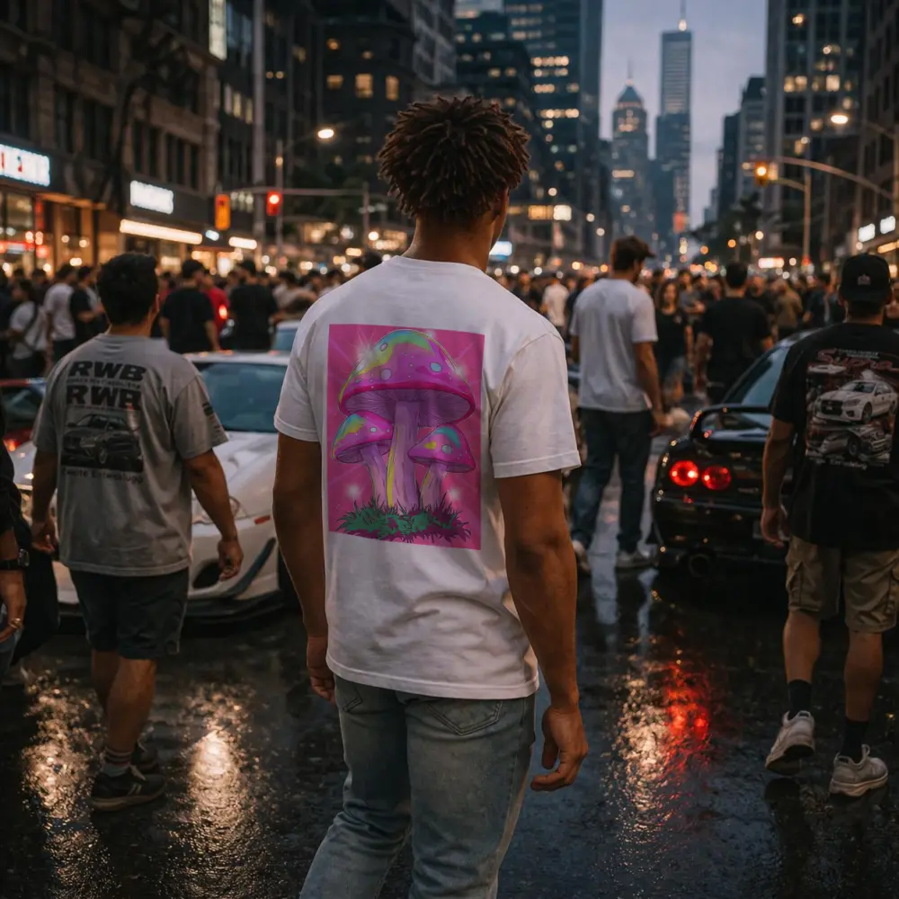 Trippy Rainbow Mushrooms Pink Glowing Background – T-Shirts