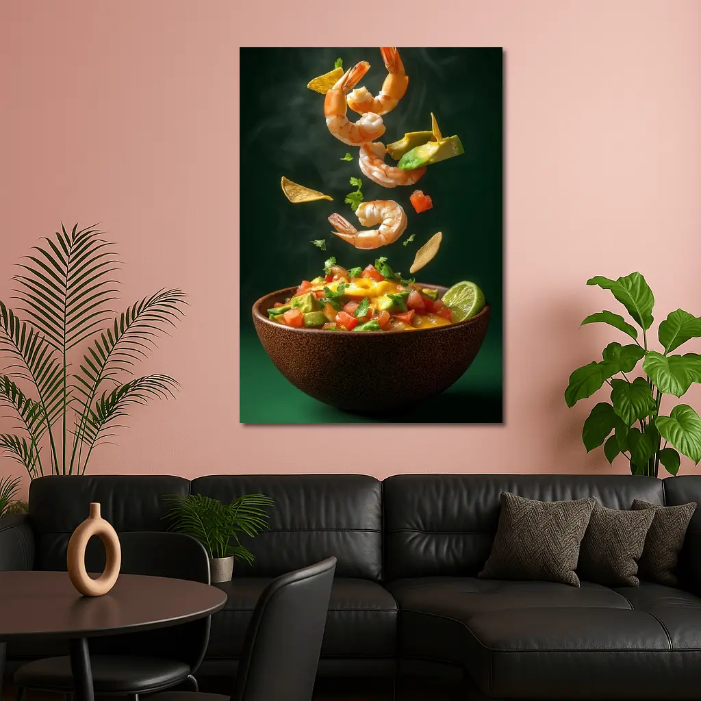 Shrimp Ceviche Bowl Flying Ingredients Green Background – Wall Art