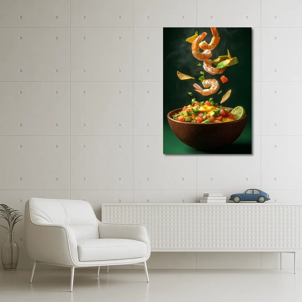 Shrimp Ceviche Bowl Flying Ingredients Green Background – Wall Art