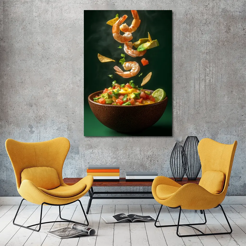 Shrimp Ceviche Bowl Flying Ingredients Green Background – Wall Art