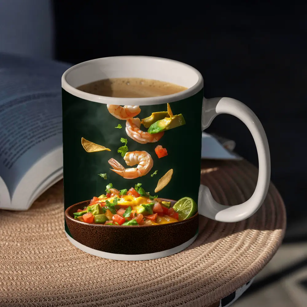 Shrimp Ceviche Bowl Flying Ingredients Green Background – Mugs