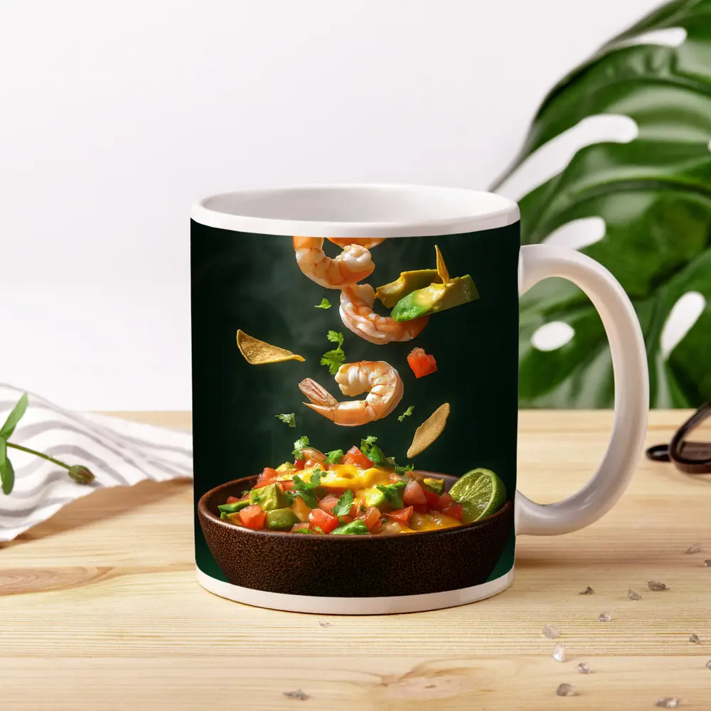Shrimp Ceviche Bowl Flying Ingredients Green Background – Mugs
