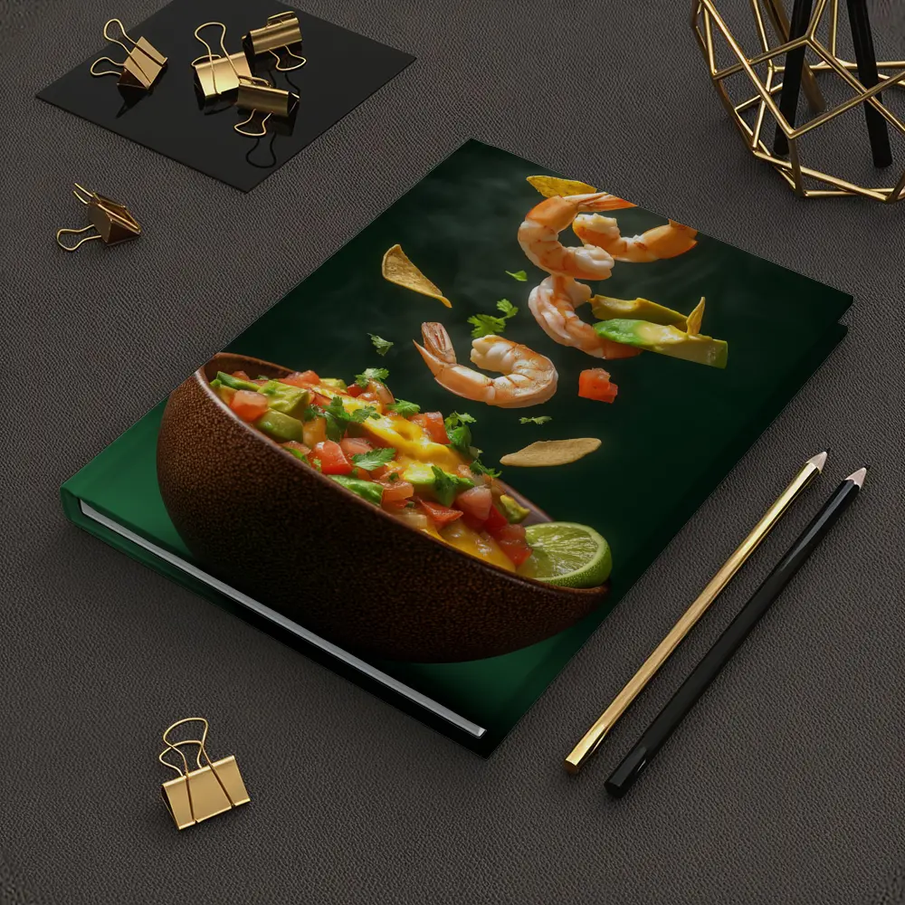 Shrimp Ceviche Bowl Flying Ingredients Green Background – Notebooks