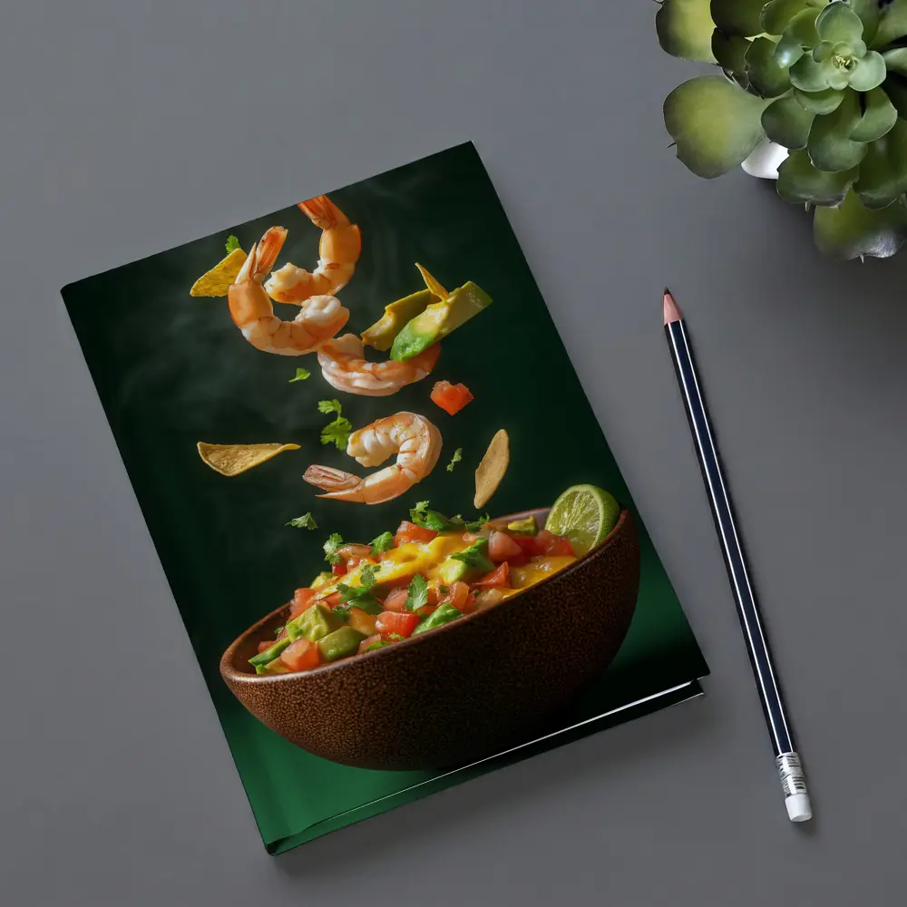 Shrimp Ceviche Bowl Flying Ingredients Green Background – Notebooks