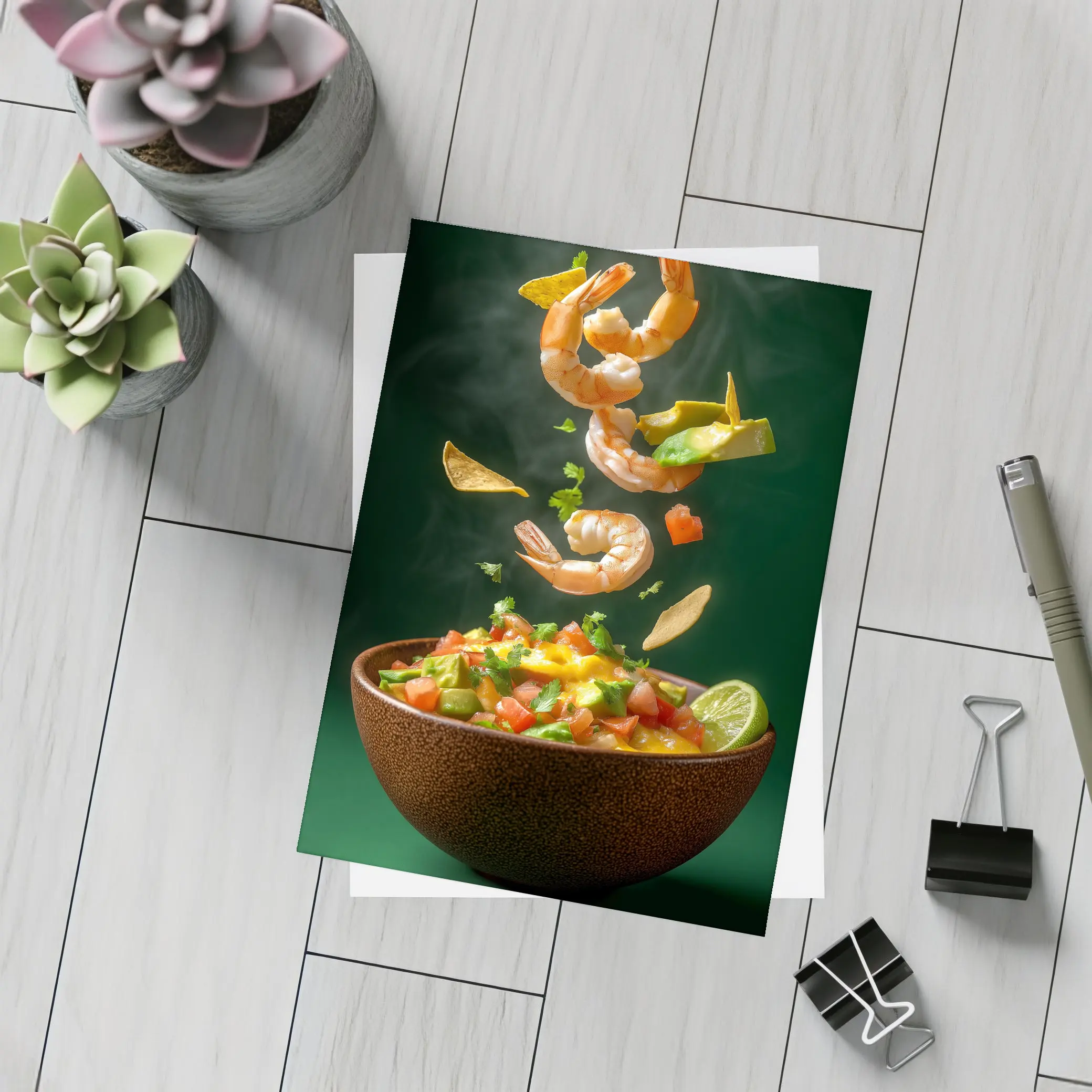 Shrimp Ceviche Bowl Flying Ingredients Green Background – Postcards