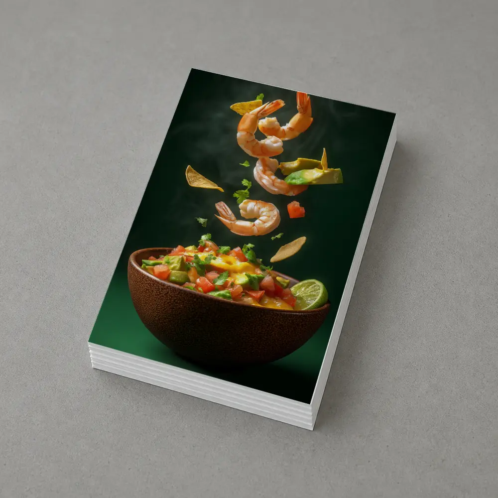 Shrimp Ceviche Bowl Flying Ingredients Green Background – Postcards